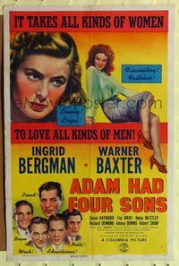 2c043 ADAM HAD FOUR SONS one-sheet '41 sultry Ingrid Bergman, Warner Baxter, sexy Susan Hayward!