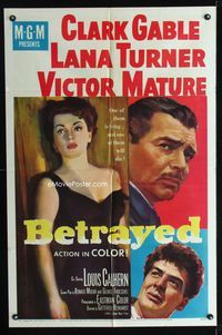 2c115 BETRAYED one-sheet poster '54 art of Clark Gable, Victor Mature & sexy brunette Lana Turner!