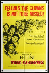 2c230 CLOWNS one-sheet movie poster '71 Federico Fellini, wonderful artwork of many circus clowns!