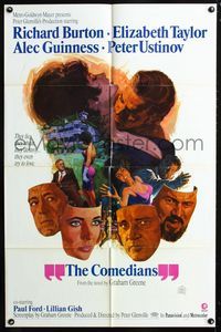 2c238 COMEDIANS style B 1sh '67 art of Richard Burton, Elizabeth Taylor, Alec Guinness & Ustinov!
