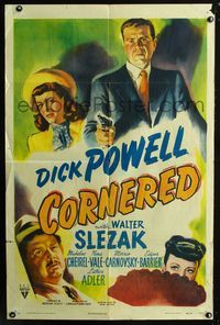 2c247 CORNERED one-sheet movie poster '46 great artwork of Dick Powell pointing gun & Walter Slezak!