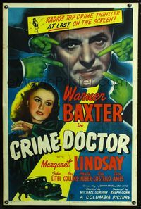 2c259 CRIME DOCTOR one-sheet poster '43 Warner Baxter, Margaret Lindsay, radio's top crime thriller!