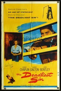2c284 DEADLIEST SIN style A 1sh '56 Sydney Chaplin behind bars points gun at pretty Audrey Dalton!