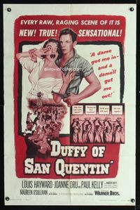 2c313 DUFFY OF SAN QUENTIN 1sheet '54 Louis Hayward holds sexy nurse hostage, prison escape artwork!