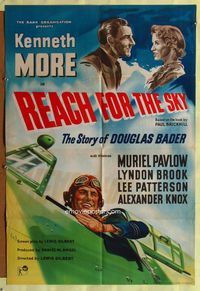 2c548 REACH FOR THE SKY English one-sheet poster '57 cool artwork of pilot Kenneth More in airplane!
