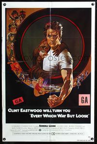 2c333 EVERY WHICH WAY BUT LOOSE int'l one-sheet '78 art of Clint Eastwood & orangutan by Bob Peak!