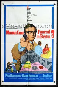 2c372 FUNERAL IN BERLIN 1sheet '67 cool art of Michael Caine pointing gun, directed by Guy Hamilton!
