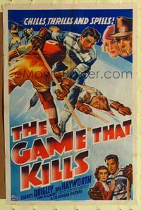 2c021 GAME THAT KILLS 1sh '37 great artwork of thrilling ice hockey game, plus sexy Rita Hayworth!