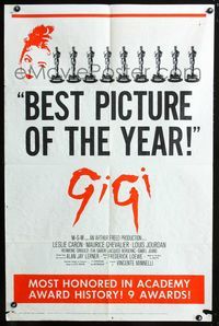 2c382 GIGI AA one-sheet '58 cool image of nine Academy Award statues, Best Picture of the Year!