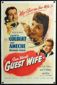 2c402 GUEST WIFE one-sheet poster '45 Don Ameche asks Dick Foran if he can borrow Claudette Colbert!