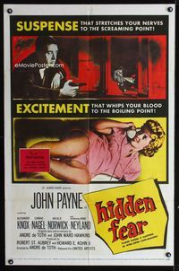 2c421 HIDDEN FEAR one-sheet movie poster '57 John Payne with gun, sexy half-dressed Anne Neyland