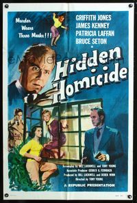 2c422 HIDDEN HOMICIDE one-sheet poster '58 this English murderer wears three masks, cool crime art!