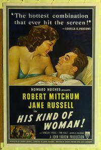 2c429 HIS KIND OF WOMAN one-sheet movie poster '51 Robert Mitchum, sexy Jane Russell, Howard Hughes