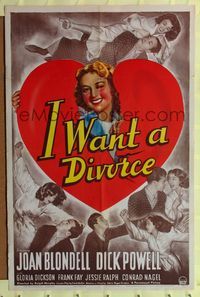 2c439 I WANT A DIVORCE 1sheet '40 great image of winking Joan Blondell holding giant broken heart!