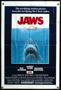 2c447 JAWS one-sheet movie poster '75 artwork of Steven Spielberg's classic man-eating shark!