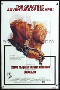 2c530 PAPILLON Allied Artists one-sheet '73 great art of Steve McQueen & Dustin Hoffman by Tom Jung!