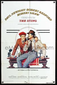 2c583 STING one-sheet poster '74 best artwork of Paul Newman & Robert Redford by Richard Amsel!