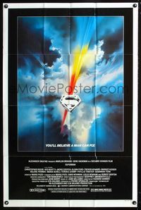 2c590 SUPERMAN one-sheet '78 you'll believe a man can fly, great shield style artwork by Bob Peak!
