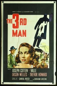 2c002 THIRD MAN 1sheet R54 Orson Welles classic film noir, cool silhouette art plus Cotten & Valli!