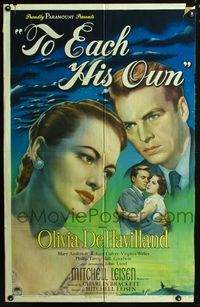 2c609 TO EACH HIS OWN one-sheet movie poster '46 great close up art of pretty Olivia de Havilland!