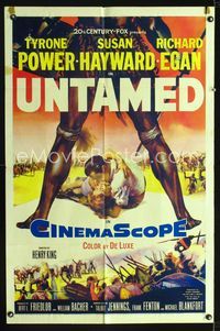 2c619 UNTAMED one-sheet movie poster '55 wild art of Tyrone Power & Susan Hayward in Africa!