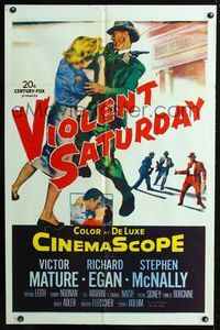 2c628 VIOLENT SATURDAY one-sheet '55 cool art of girl pistol-whipped, directed by Richard Fleischer!