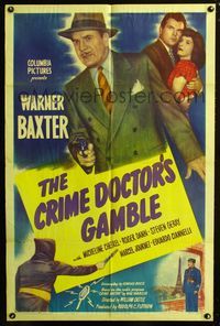 2e101 CRIME DOCTOR'S GAMBLE style A 1sheet '47 great image of detective Warner Baxter pointing gun!