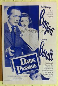 2e106 DARK PASSAGE one-sheet R56 great close up of Humphrey Bogart with gun & sexy Lauren Bacall!