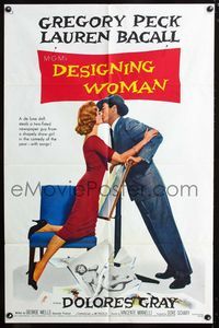 2e115 DESIGNING WOMAN style A 1sheet '57 different art of Gregory Peck kissing sexy Lauren Bacall!