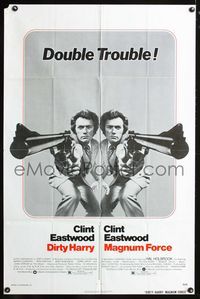 2e121 DIRTY HARRY/MAGNUM FORCE one-sheet '75 great image of two Clint Eastwoods pointing giant guns!