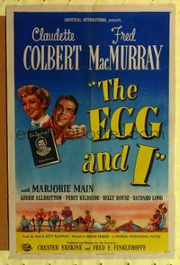 2e129 EGG & I one-sheet '47 Claudette Colbert, MacMurray, first Ma & Pa Kettle, by Betty MacDonald!