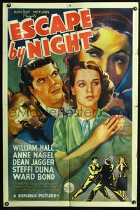 2e130 ESCAPE BY NIGHT one-sheet '37 cool close up art of William Hall, pretty Anne Nagel & dog!