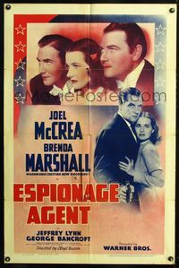 2e131 ESPIONAGE AGENT one-sheet movie poster '39 Joel McCrea & his spy bride Brenda Marshall!