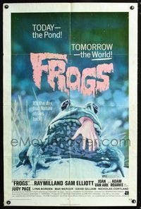 2e145 FROGS 1sheet '72 great horror art of man-eating amphibian with human hand hanging from mouth!