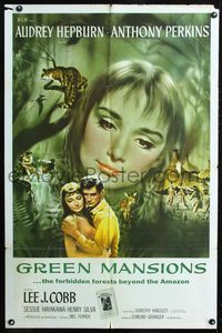 2e163 GREEN MANSIONS one-sheet '59 cool art of Audrey Hepburn & Anthony Perkins by Joseph Smith!