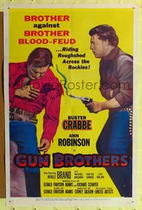 2e165 GUN BROTHERS one-sheet '56 Buster Crabbe is shot by brother Neville Brand at close range!