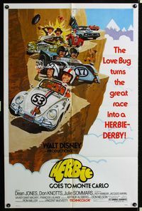 2e179 HERBIE GOES TO MONTE CARLO one-sheet '77 Disney, wacky art of Volkswagen Beetle car racing!