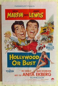2e188 HOLLYWOOD OR BUST 1sheet '56 wacky art of Dean Martin & Jerry Lewis in car, sexy Anita Ekberg!