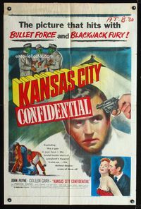 2e220 KANSAS CITY CONFIDENTIAL one-sheet poster '52 it hits with bullet force and blackjack fury!