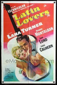 2e245 LATIN LOVERS 1sheet '53 best kiss close up art of Lana Turner & Ricardo Montalban in guitar!