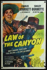 2e246 LAW OF THE CANYON one-sheet '47 art of Charles Starett as the Durango Kid & Smiley Burnette!