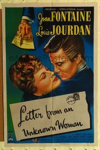 2e252 LETTER FROM AN UNKNOWN WOMAN 1sh '48 romantic close up art of Joan Fontaine & Louis Jourdan!