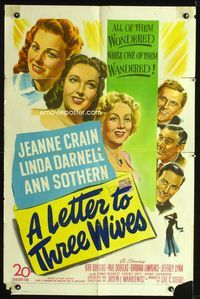 2e253 LETTER TO THREE WIVES 1sheet '49 Jeanne Crain, Linda Darnell, Ann Sothern, young Kirk Douglas!