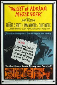2e258 LIST OF ADRIAN MESSENGER one-sheet '63 John Huston directs five heavily disguised great stars!