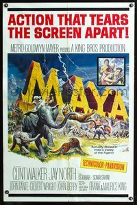2e294 MAYA one-sheet movie poster '66 Clint Walker, cool stampeding elephants artwork!