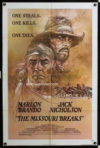 2e306 MISSOURI BREAKS one-sheet movie poster '76 art of Marlon Brando & Jack Nicholson by Bob Peak!