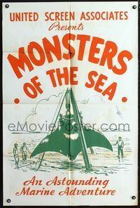 2e312 MONSTERS OF THE SEA one-sheet '30s cool artwork of giant stingray being lifted from ocean!