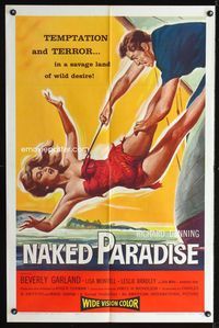 2e326 NAKED PARADISE one-sheet poster '57 art of super sexy falling Beverly Garland caught by hook!
