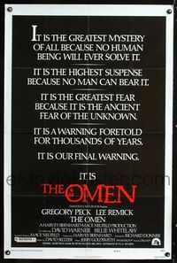 2e352 OMEN style E 1sheet '76 the greatest mystery of all because no human being will ever solve it!