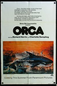 2e359 ORCA advance one-sheet movie poster '77 cool art of The Killer Whale by John Berkey!